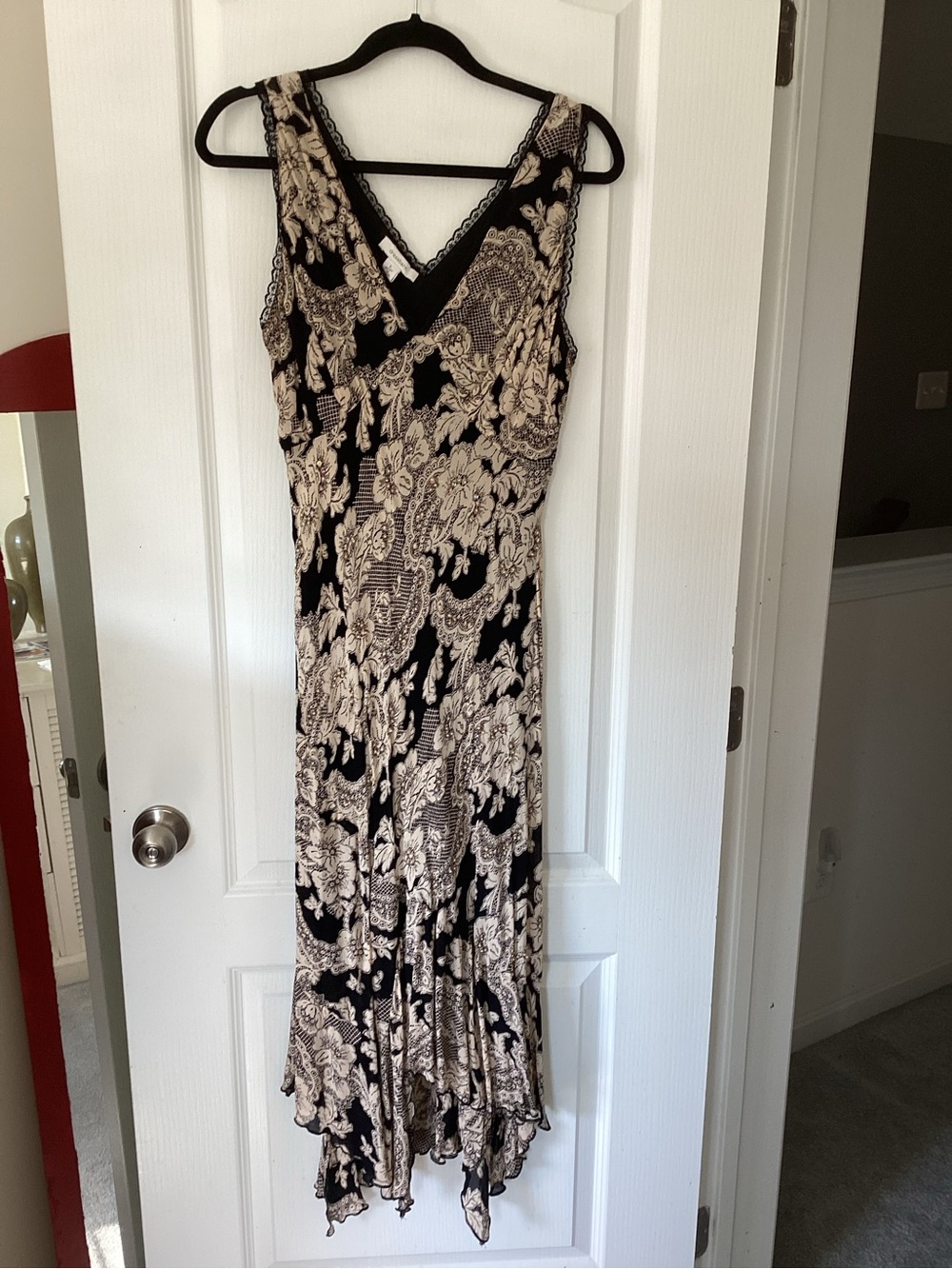 dressbarn Black and Cream Floral V-Neck Maxi Dress with Ruffle Hem